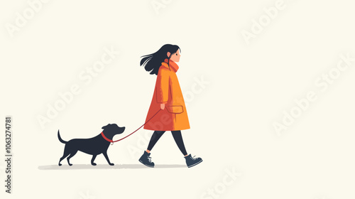 Illustration of a girl walking a dog. Domestic animal. Man's best friend.