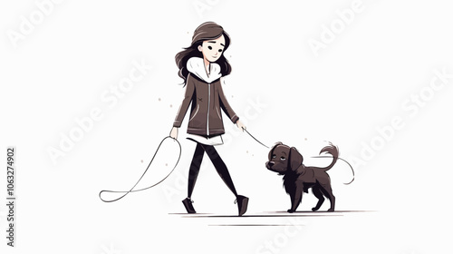 Illustration of a girl walking a dog. Domestic animal. Man's best friend.