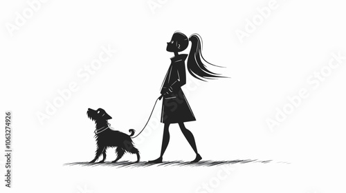 Black and white illustration of a girl walking a dog. Domestic animal. Man's best friend.