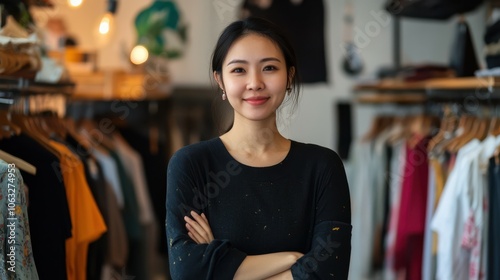 Portrait of Asian small business woman owner in clothing retail store.