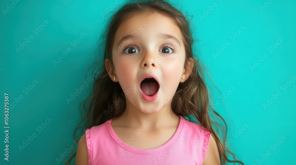 Portrait of lovely young girl open mouth wear pink top isolated on turquoise color background Portrait of lovely young girl open mouth wear pink top isolated on turquoise color background