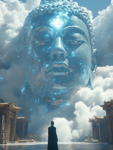 A huge Buddha statue made of light blue jade is glowing. photo