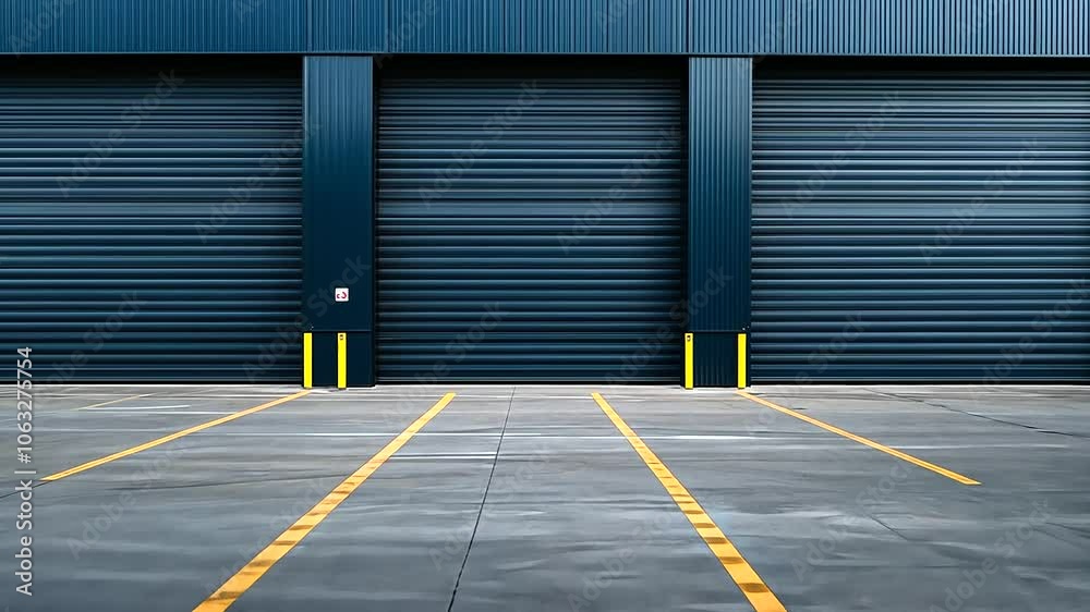A wide-angle view of a modern industrial warehouse, featuring several roller shutter doors, all closed, creating a uniform look against the sleek, minimalistic facade.