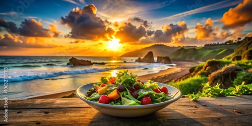 Silhouette of a Fresh Salad for Lunch Against a Beautiful Yugawara Beach Sunset, Highlighting the Vibrant Colors of Vegetables with a Serene Coastal Backdrop photo