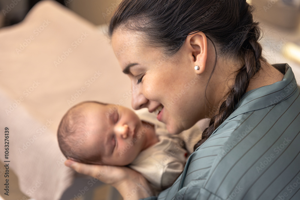 A young mother with a newborn baby. Newborn baby. A young mother with a newborn baby. Newborn baby.