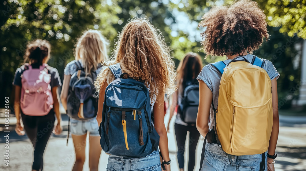 Obraz premium Back view of four young women walking in a park with backpacks..