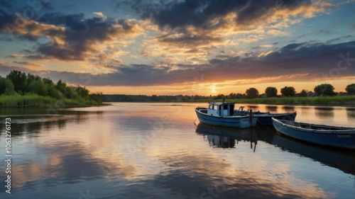 Fishing Boats Docked on Calm River at Sunset with Dramatic Sky 