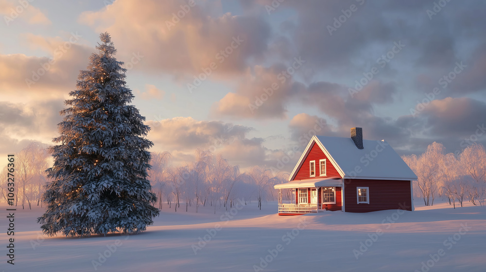 A red house stands in a snowy field with a pine tree in the foreground.. A red house stands in a snowy field with a pine tree in the foreground..