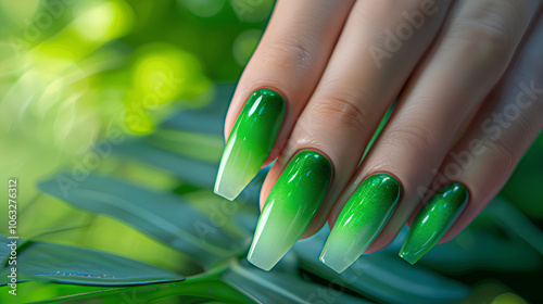 Woman's manicured nails are painted green and blue. The manicure is done with a gradient effect, with the green and blue colors blending together. The nails are long and well-maintained