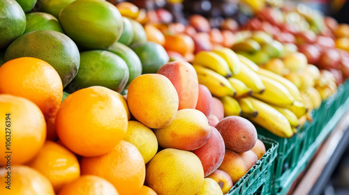 A lively fruit market with bright colors and abundant displays of fresh fruits like mangoes, bananas, and oranges, creating an energetic environment as shoppers pick their selections