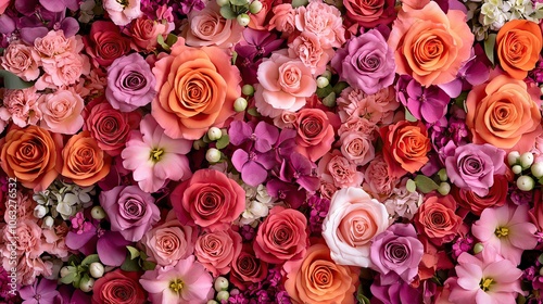 An overhead view of a floral arrangement with vibrant blooms of different shapes and sizes, creating a harmonious and fresh composition,