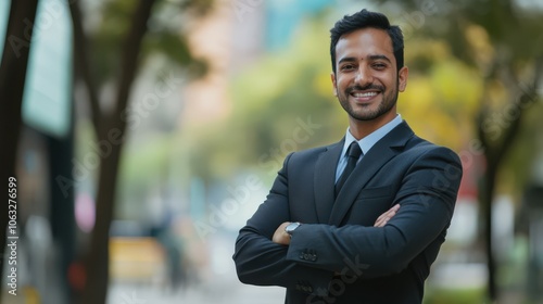 Portrait, smile and businessman with arms crossed in city for work opportunity, travel or job pride outdoor. Face, suit and confident corporate expert, entrepreneur or professional salesman in India