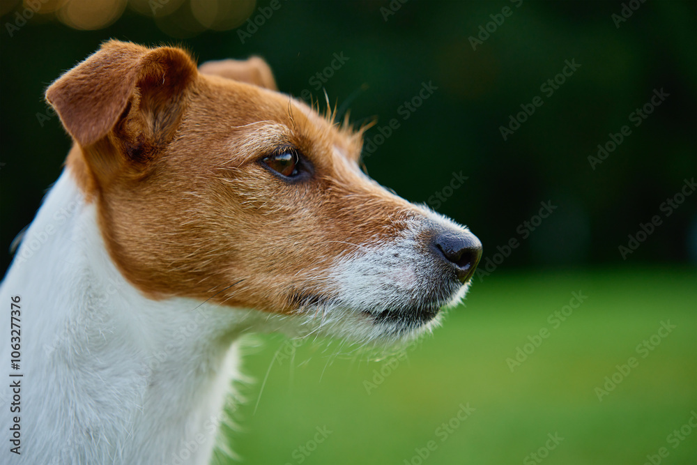 Cute active dog walking at green grass in park with green lawn at summer day. Jack Russell Terrier close up portrait Cute active dog walking at green grass in park with green lawn at summer day. Jack Russell Terrier close up portrait