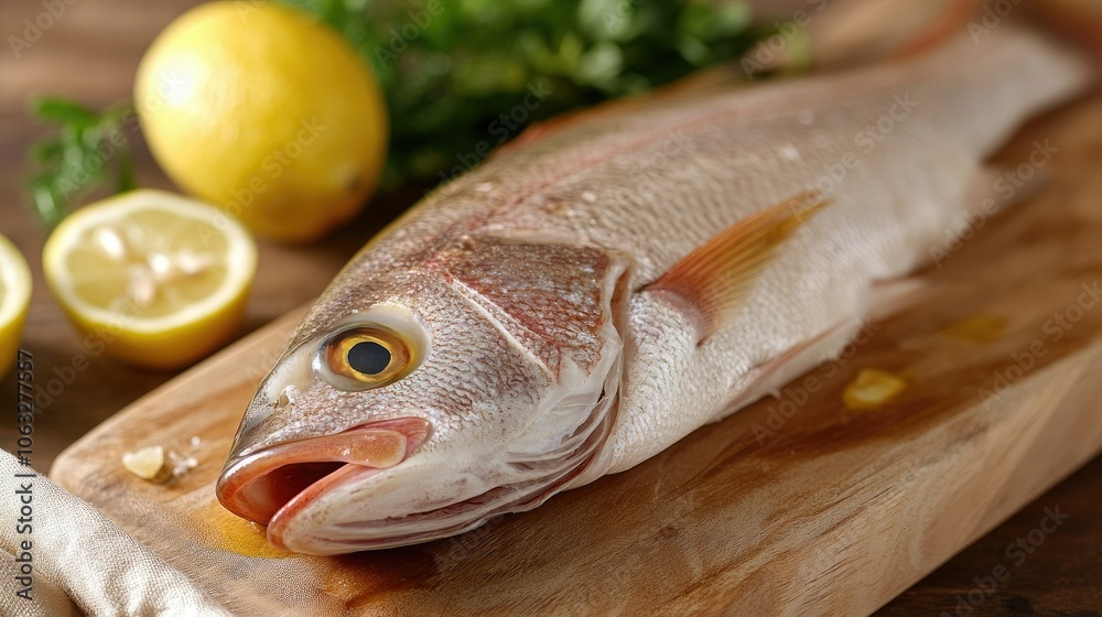 Fresh Fish on Wooden Cutting Board with Lemon Fresh Fish on Wooden Cutting Board with Lemon