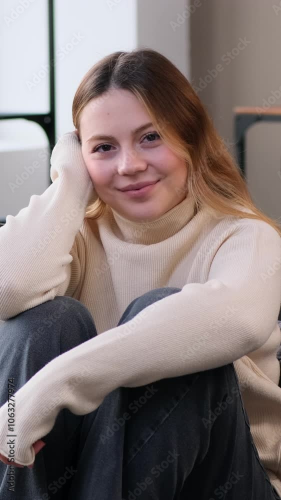 Portrait of a happy and stylish Caucasian young adult woman looking at camera at home. Satisfied and contented people content. Vertical video. Portrait of a happy and stylish Caucasian young adult woman looking at camera at home. Satisfied and contented people content. Vertical video.
