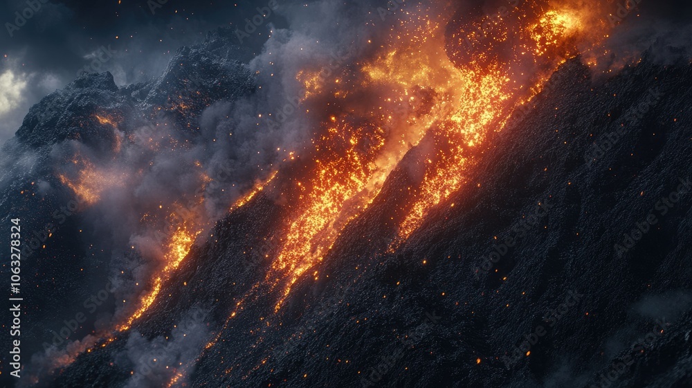 Erupting Volcano with Flowing Lava and Smoke Erupting Volcano with Flowing Lava and Smoke