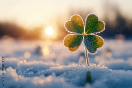 A rare four-leaf clover found in the snow, perfect for winter or St photo