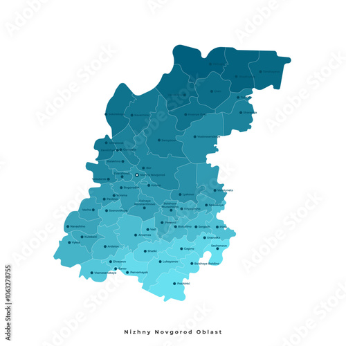 Vector isolated concept with authors vision of simplified administrative map of Nizhny Novgorod Oblast in Russia. Borders of the districts, points with cities, villages. Blue silhouettes.