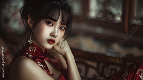 An elegant Chinese girl wearing a modern qipao dress with subtle makeup, posing in a sophisticated indoor setting