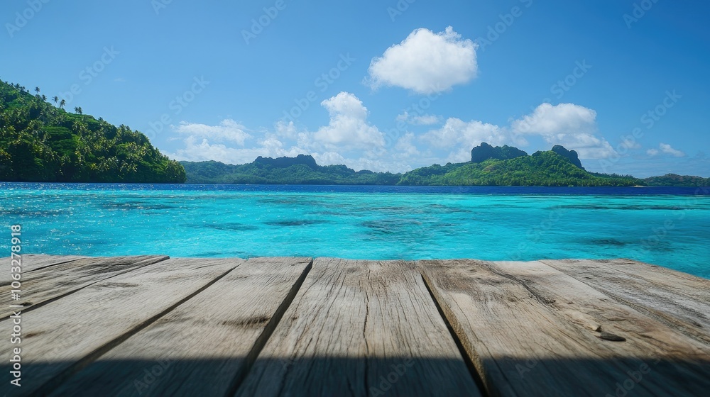 Obraz premium Serene Tropical Ocean View from a Wooden Deck