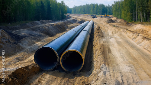 Construction site with large pipes in a trench along the roadside, symbolizing urban utility infrastructure