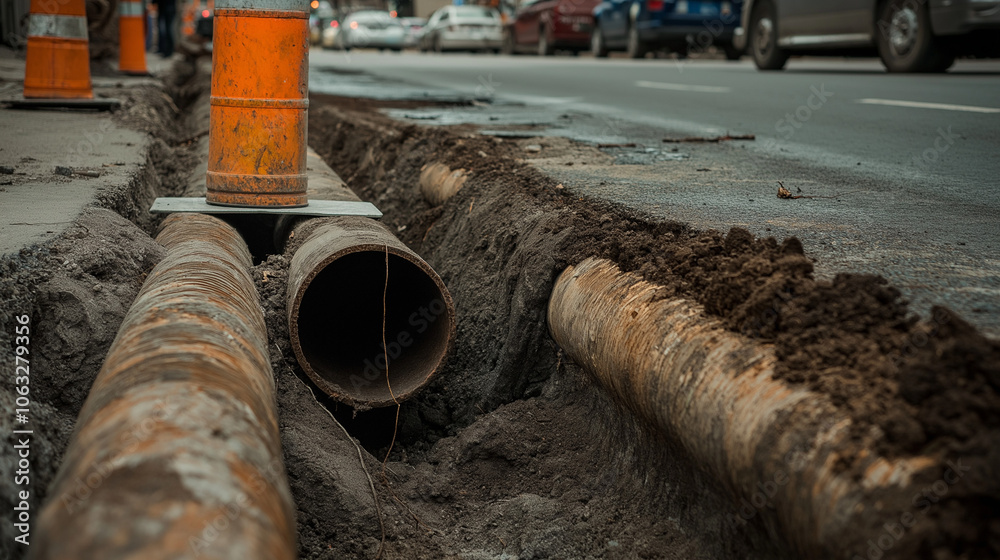 Utility pipes in a large roadside trench, symbolizing infrastructure installation and essential public services Utility pipes in a large roadside trench, symbolizing infrastructure installation and essential public services