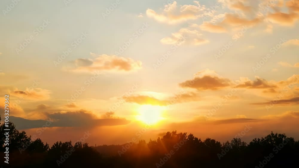 A golden sunset over the horizon with clouds and silhouetted trees. A golden sunset over the horizon with clouds and silhouetted trees.