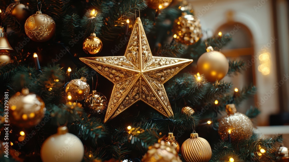 Golden star topper on a lavishly decorated Christmas tree, with each branch adorned with gold ornaments and glittering lights. 4K hyperrealistic photo. Golden star topper on a lavishly decorated Christmas tree, with each branch adorned with gold ornaments and glittering lights. 4K hyperrealistic photo.