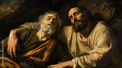 portrayal of the rich man and Lazarus, where the poor man finds comfort in heaven while the rich man suffers, emphasizing eternal justice photo