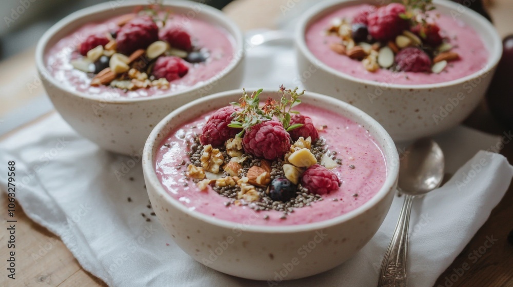 Vibrant smoothie bowls topped with fresh fruits, nuts, and seeds, styled on a bright, sunny table Vibrant smoothie bowls topped with fresh fruits, nuts, and seeds, styled on a bright, sunny table