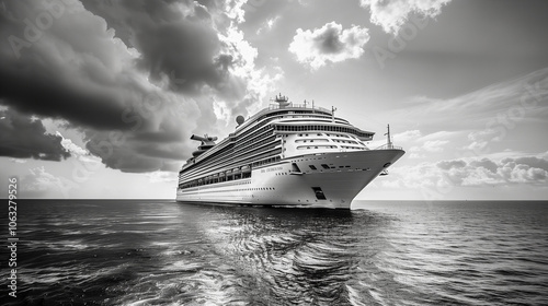 Monochrome image of a cruise ship sailing in open water under cloudy skies.