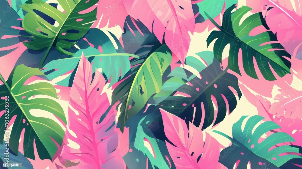 Fototapeta premium Vibrant tropical foliage featuring lush green, pink, and purple leaves creating a lively and colorful backdrop.
