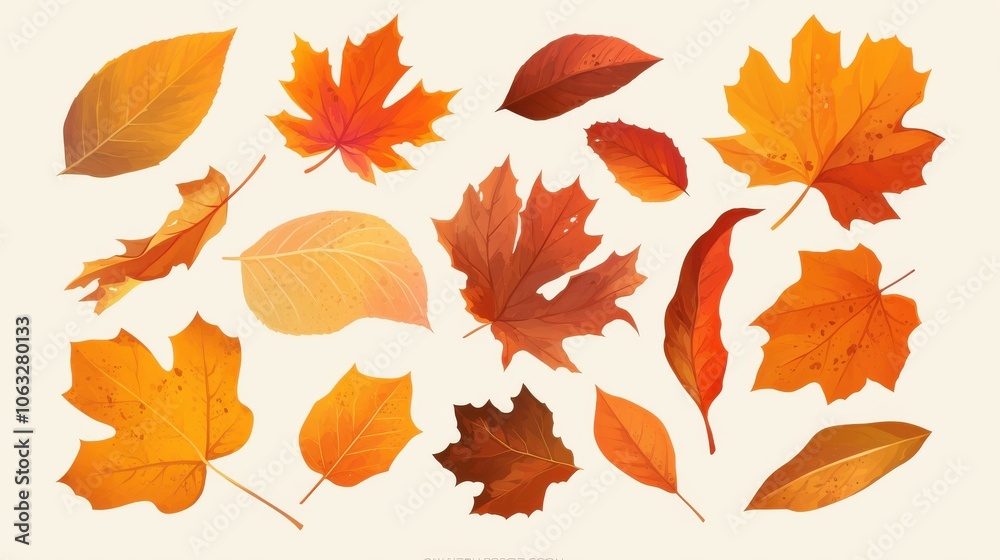 Naklejka premium A vibrant collection of autumn leaves in shades of orange, yellow, and red, showcasing the beauty of fall.