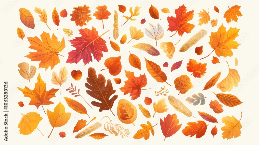 Obraz premium A vibrant collection of autumn leaves in various shapes and colors, showcasing the beauty of fall foliage.