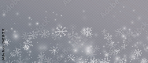 Falling snow background, Christmas snowflakes. Snow flakes, snow background. Heavy snowfall, snowflakes in different shapes and forms. 