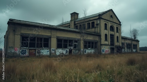 abandoned factory with graffiti, broken windows, and overgrown weeds under moody, cloudy skies creates a haunting, desolate scene