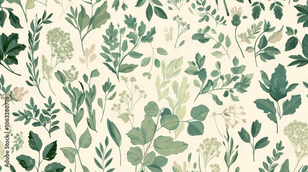 A vibrant array of various green foliage, showcasing intricate botanical patterns on a light background. A vibrant array of various green foliage, showcasing intricate botanical patterns on a light background.