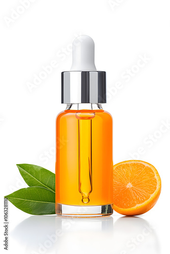 Serum oil vitamin C pipette dropper bottle isolated on white background. Skin care beauty product