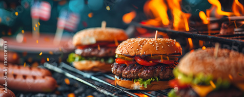 Juicy burgers and hotdogs grilling on an outdoor barbecue.