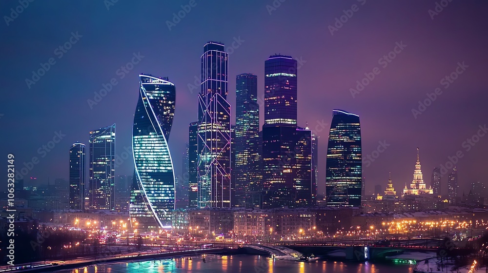 Obraz premium A panoramic night view of the Moscow skyline.