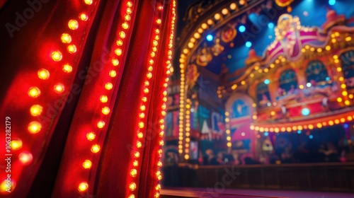 vibrant circus stage with illuminated red curtains and colorful lights creates exciting atmosphere. blurred background showcases lively audience and ornate decorations