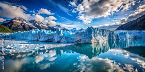 Stunning View of the Perito Moreno Glacier in Argentina Captured with the Rule of Thirds, Showcasing Ice Formations, Reflections, and Vibrant Blue Tones Against a Clear Sky