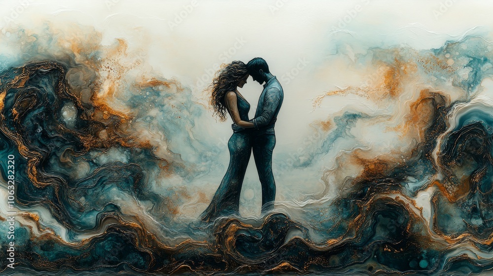 Silhouettes of couple standing together in a swirling abstract sea of teal blue and gold . Silhouettes of couple standing together in a swirling abstract sea of teal blue and gold .