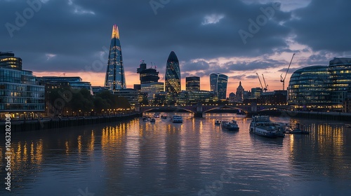 A panoramic view of the London skyline at twilight.