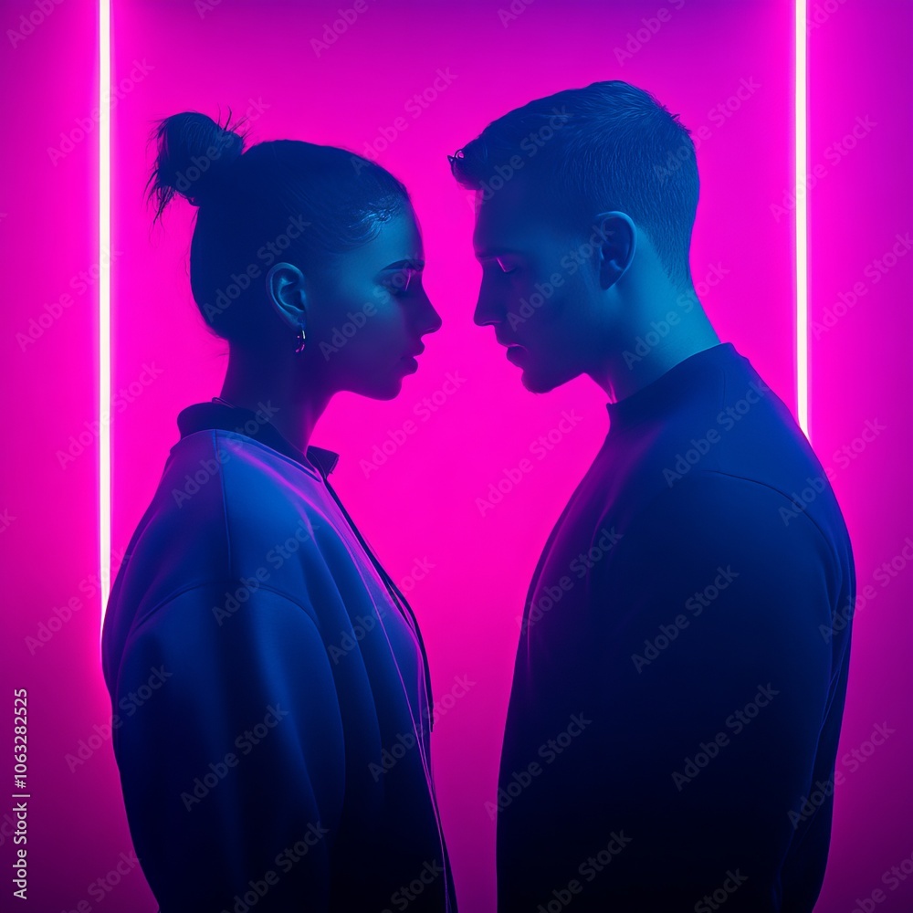 A couple facing each other against a vibrant neon backdrop. A couple facing each other against a vibrant neon backdrop.