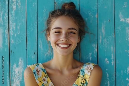 A happy young adult smiling in front of a bright blue background, perfect for use as a social media profile picture or to add a pop of color to your design