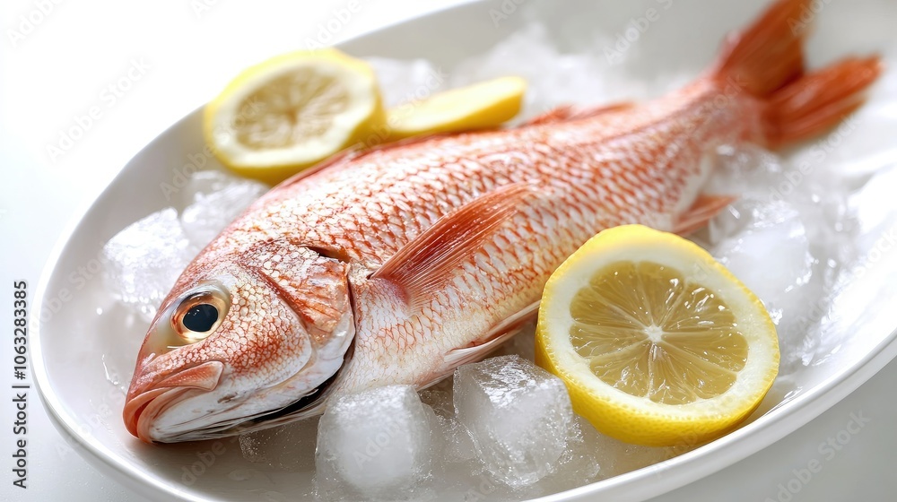 Fresh Fish on Ice with Lemon Slices Fresh Fish on Ice with Lemon Slices