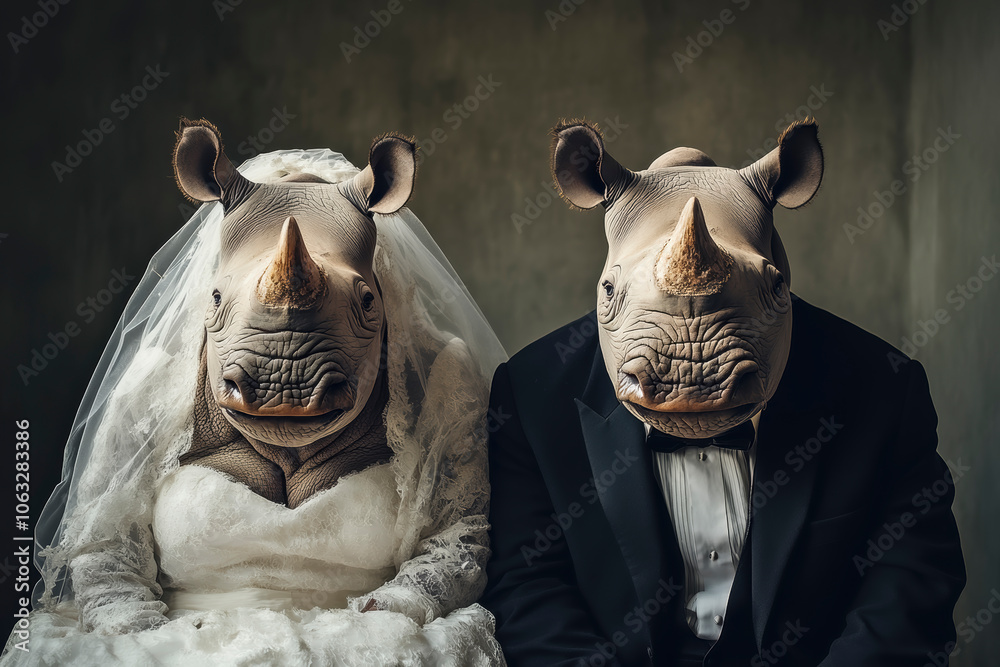 Naklejka premium A surreal image featuring a couple with rhinoceros heads dressed in wedding attire, blending wildlife with traditional wedding scenes, offering a creative visual experience.