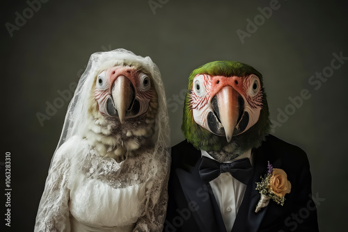 Two birds dressed in elaborate wedding attire, a white wedding dress and black tuxedo, showcasing themes of joy, commitment, and union in a creative portrayal. photo