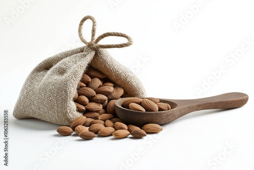 Almonds in cloth bag and in wooden spoon photo